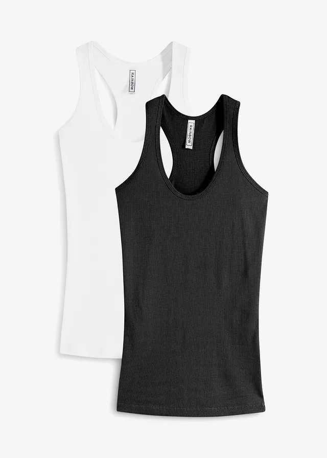 Lot de 2 débardeurs côtelés 100% coton, Couleur: noir + blanc