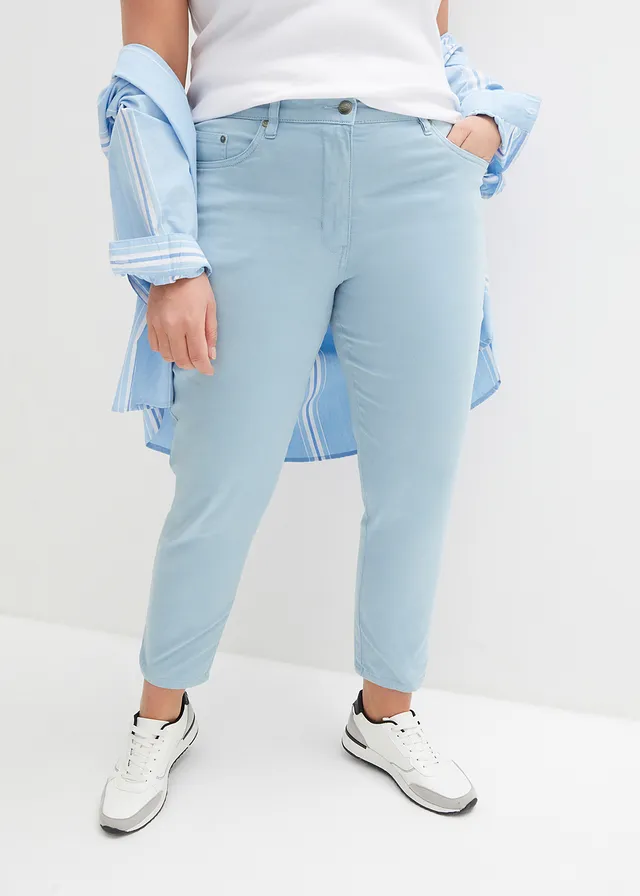 Pantalon twill raccourci look used, Couleur: bleu clair