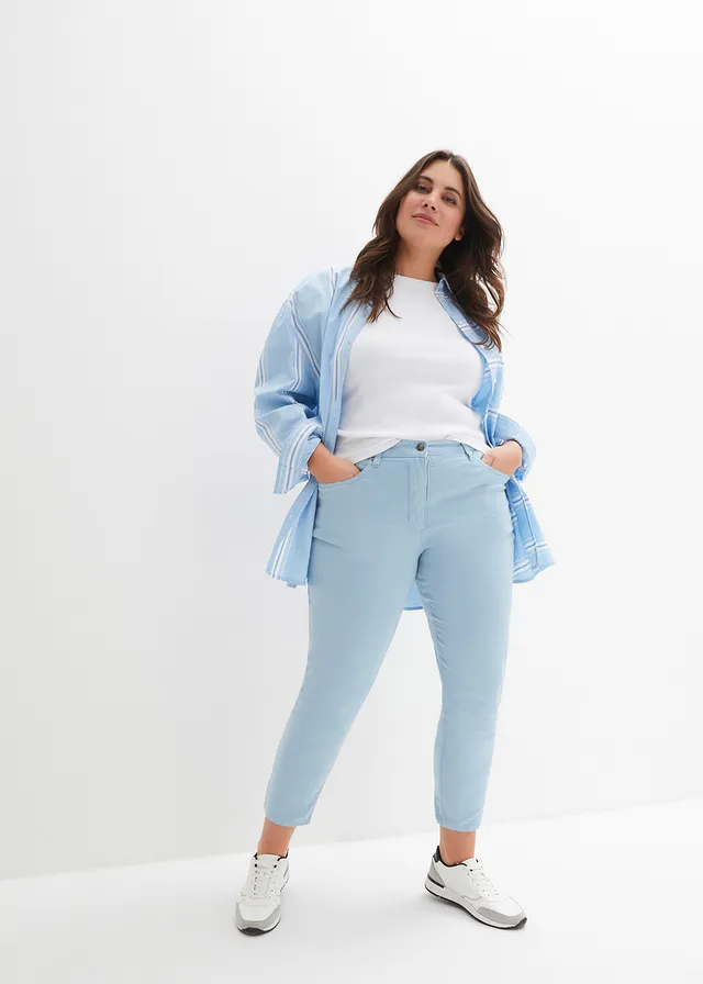 Pantalon twill raccourci look used, Couleur: bleu clair