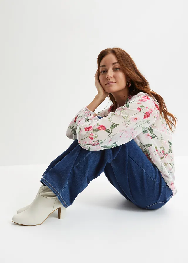 Chiffon blouse met wijde mouwen • wolwit gebloemd • product-page.page-title-suffix