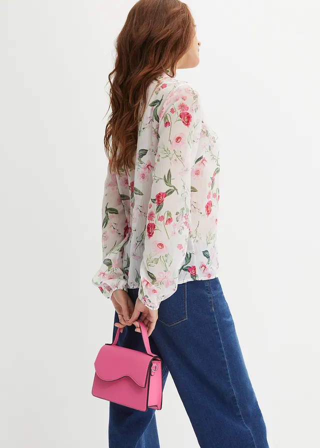 Chiffon blouse met wijde mouwen, Kleur: wolwit gebloemd
