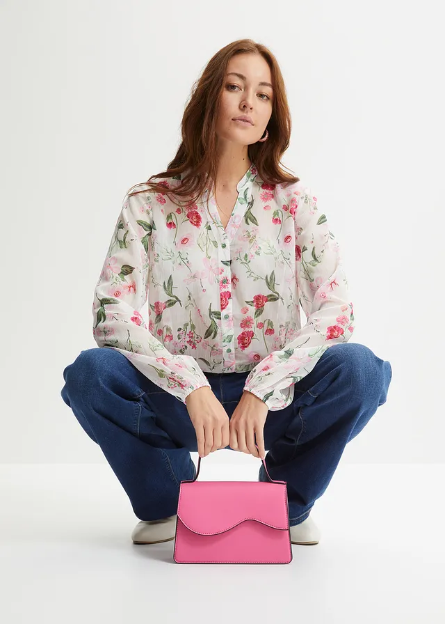 Chiffon blouse met wijde mouwen, Kleur: wolwit gebloemd