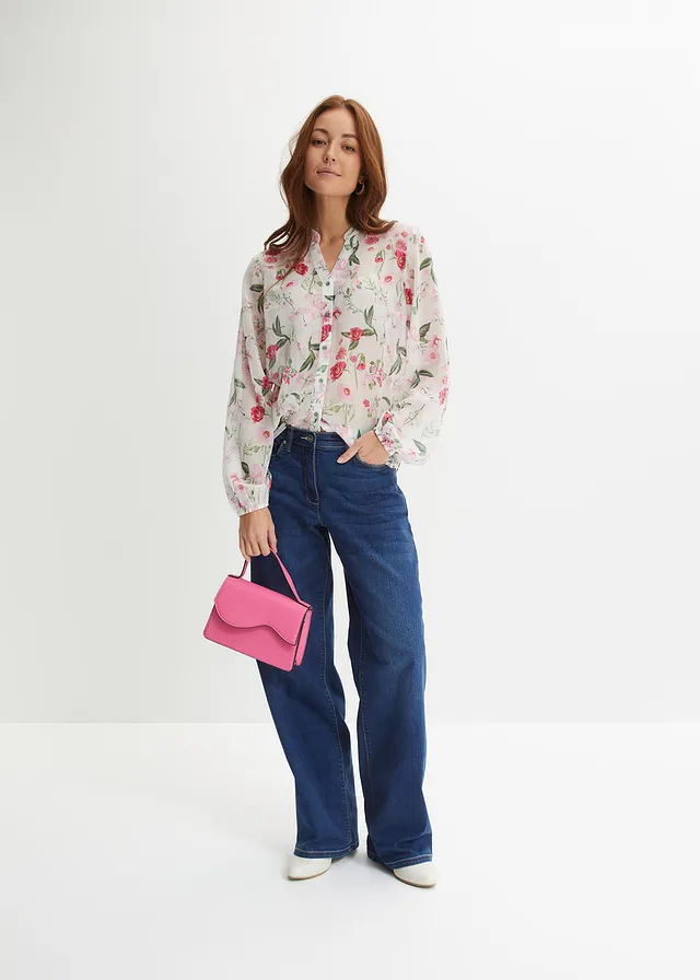 Chiffon blouse met wijde mouwen, Kleur: wolwit gebloemd