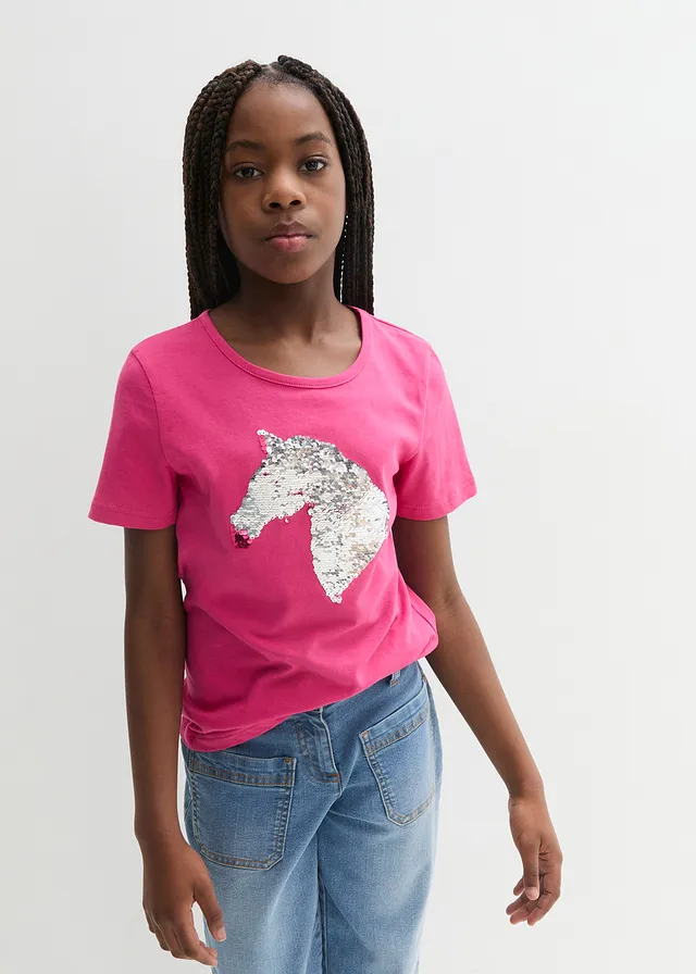 Meisjes T-shirt met omkeerbare pailletten van biologisch katoen, Kleur: pinklady
