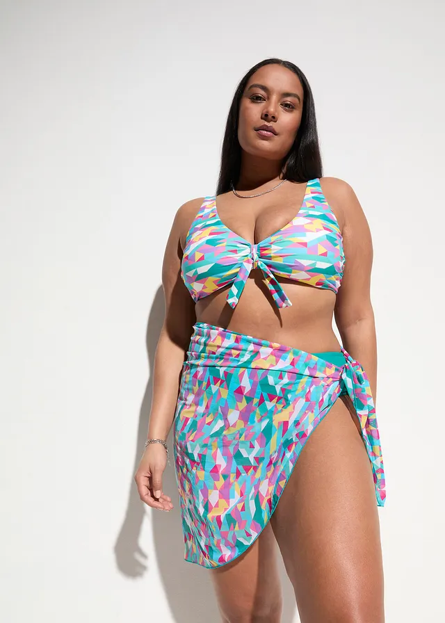 Bikini en pareo (3-dlg. set), Kleur: blauwgroen-geel-paars grafische print