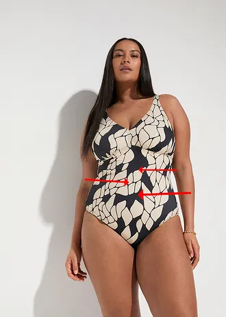 Maillot 1 pièce sculptant à col en V, maintien modéré, Couleur: noir/beige imprimé