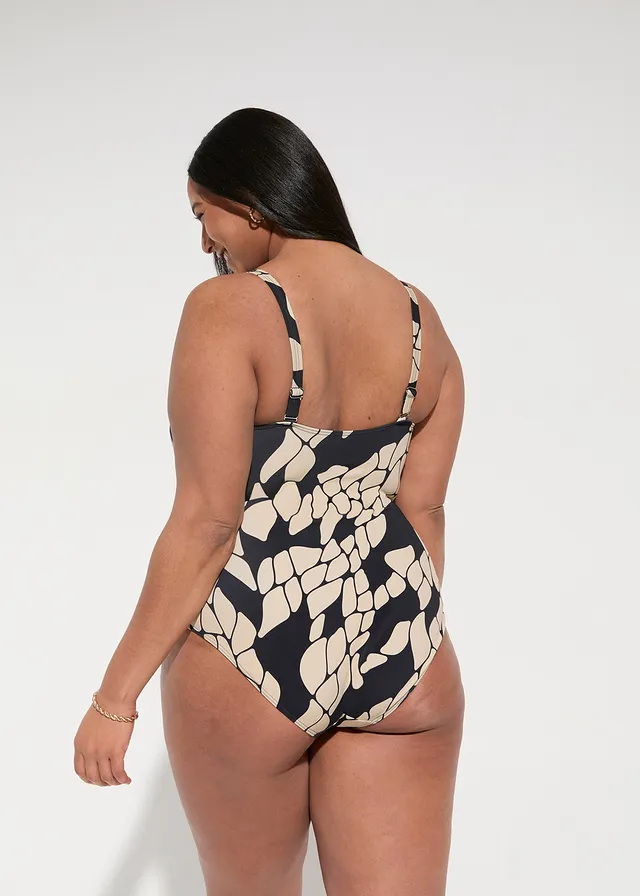 Maillot 1 pièce sculptant à col en V, maintien modéré, Couleur: noir/beige imprimé
