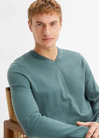 Pulover din tricot fin, din material moale cu bumbac • gri/verde • magazin bonprix