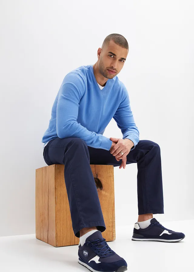 Pantalon droit taillé élastiquée 100% coton, Regular, Couleur: bleu foncé
