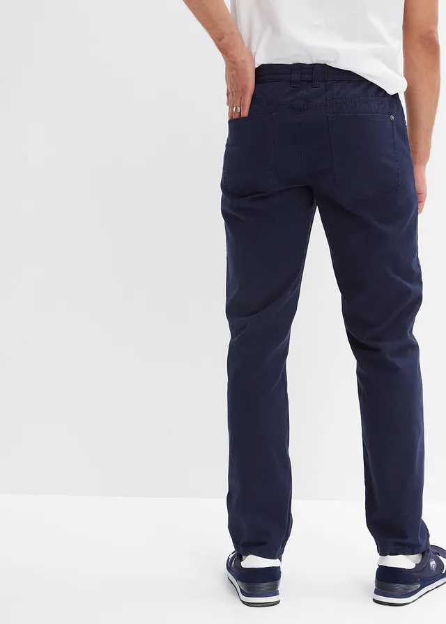 Pantalon droit taillé élastiquée 100% coton, Regular, Couleur: bleu foncé
