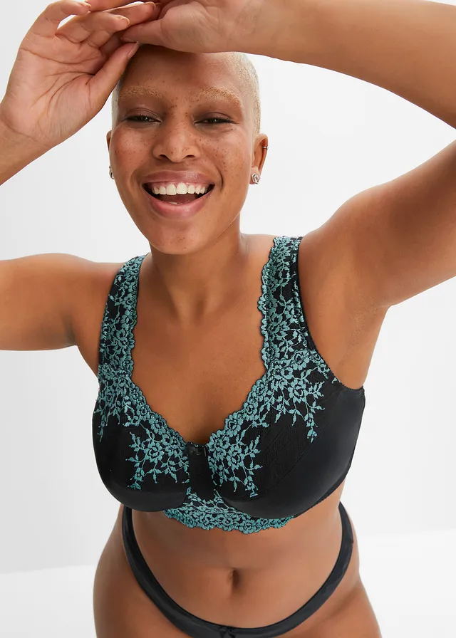 Soutien-gorge grand maintien sans armatures, bretelles rembourrées, Couleur: noir/turquoise cobalt mat