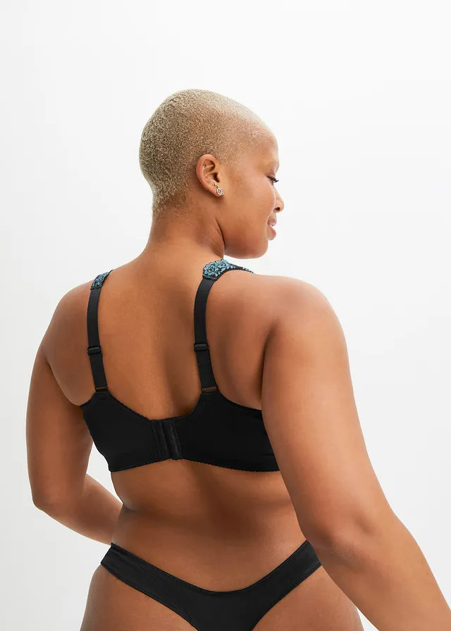 Soutien-gorge grand maintien sans armatures, bretelles rembourrées, Couleur: noir/turquoise cobalt mat