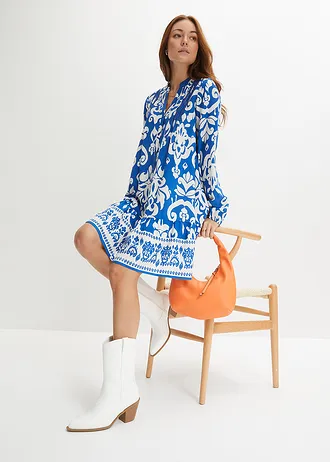 Robe-tunique en viscose fluide, Couleur: bleu azur/blanc