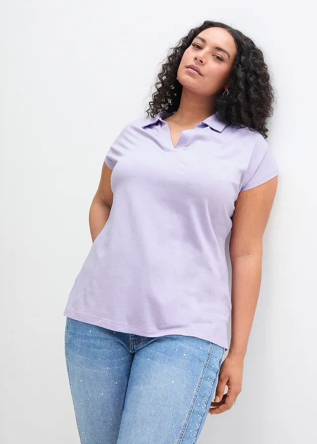 Shirt met een open polokraag, Kleur: lichtviolet