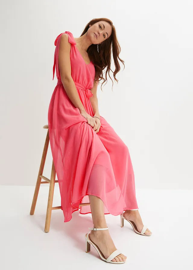Chiffon jurk met strikdetails, Kleur: pink