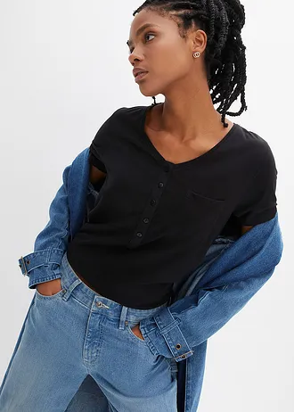 Tricou cu bandă de nasturi • negru • magazin bonprix