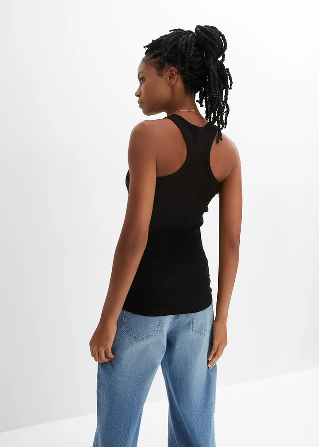 Geribde tanktop (set van 2), Kleur: zwart + grijs gemêleerd