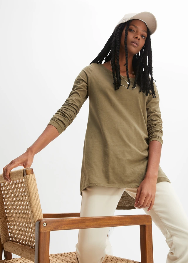 T-shirt manches en léger jersey flammé, Couleur: olive