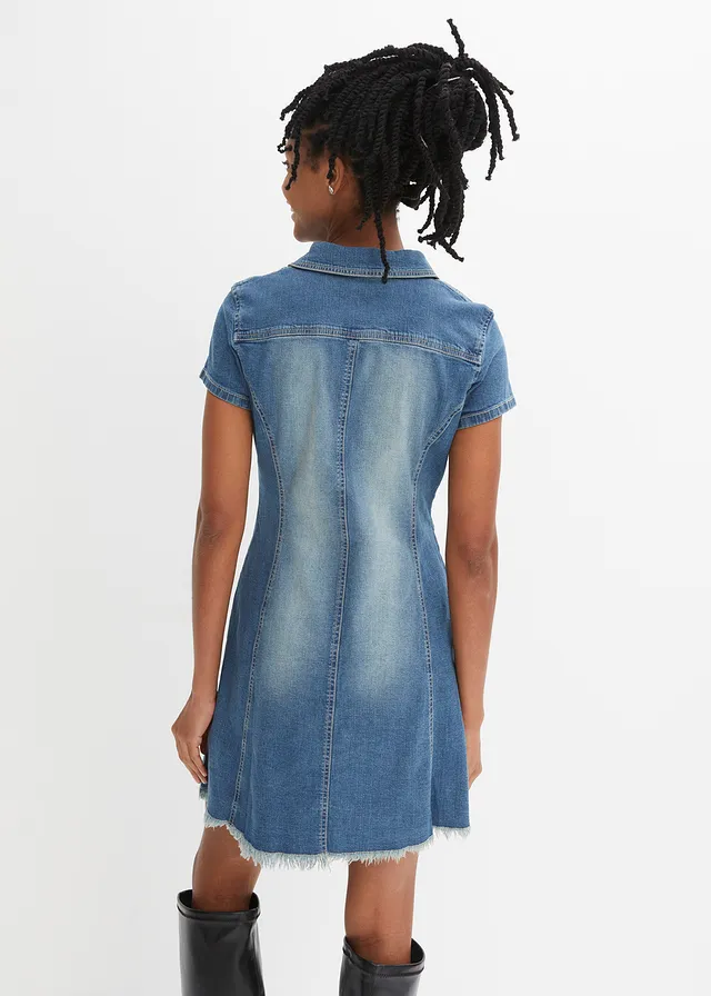 Spijkerjurk met knopen en open zoom, Kleur: blue denim