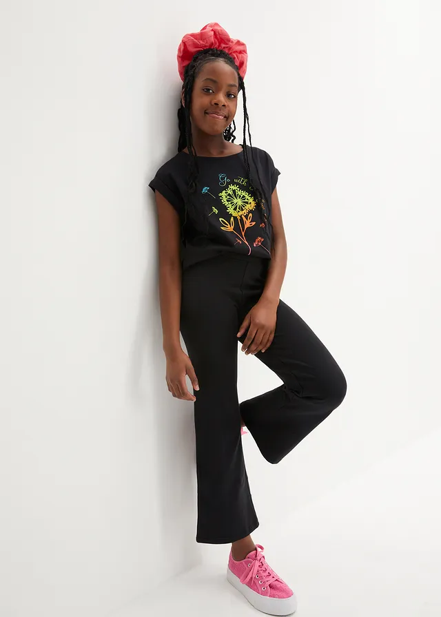 Meisjes T-shirt en flared legging van biologisch katoen (2-dlg. set), Kleur: zwart