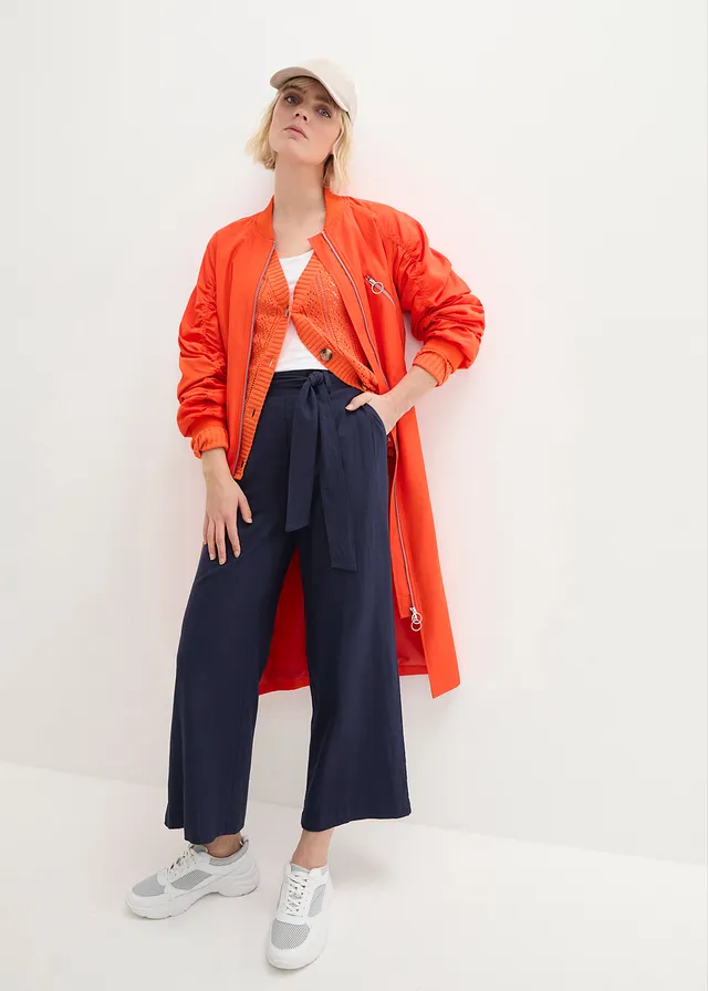 Pantalon large en lin mélangé, Couleur: bleu foncé