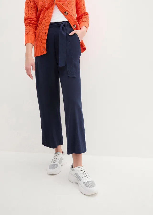 Pantalon large en lin mélangé, Couleur: bleu foncé