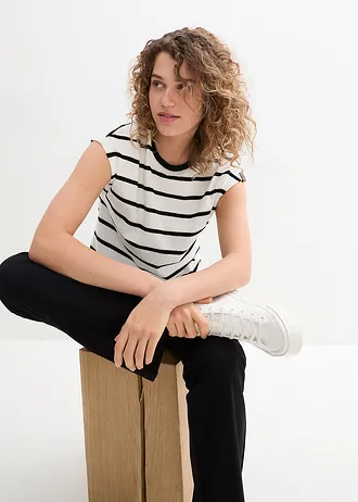 Frotté shirt met strepen, korte mouw • wolwit/zwart gestreept • bonprix online shop