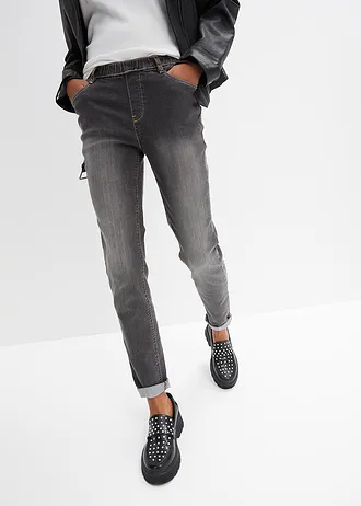 Skinny jegging mid waist met comfortband, Kleur: zwart denim