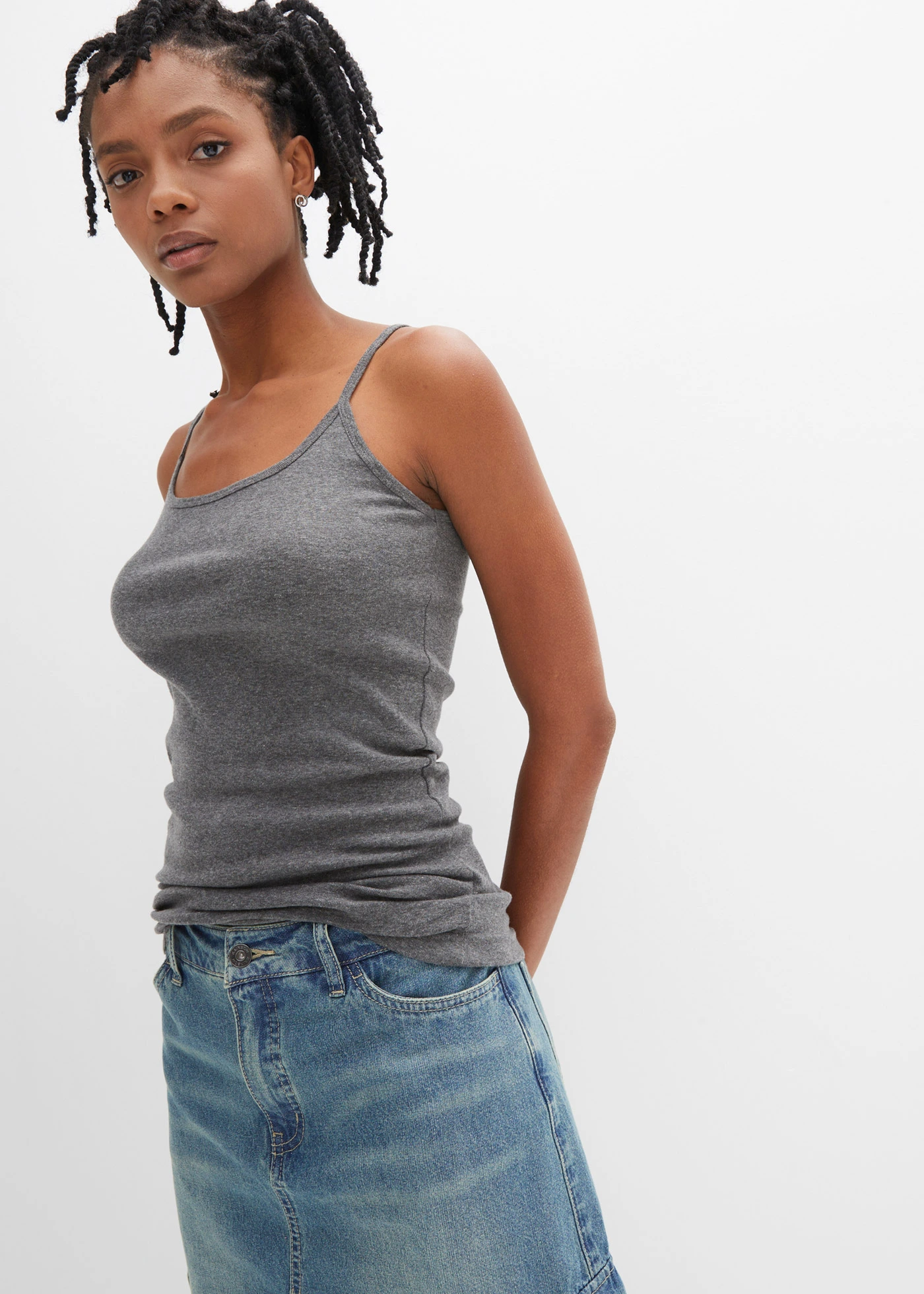 Lot de 2 tops à bretelles spaghetti 100% coton • noir + gris chiné • Boutique bonprix