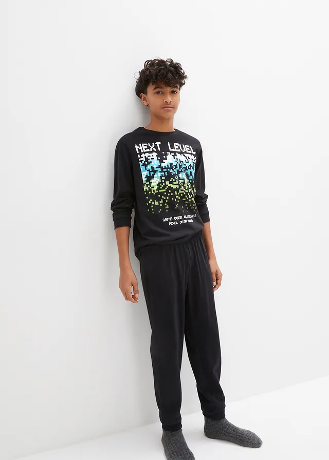 Pyjama van katoen (2-dlg. set), Kleur: zwart met print