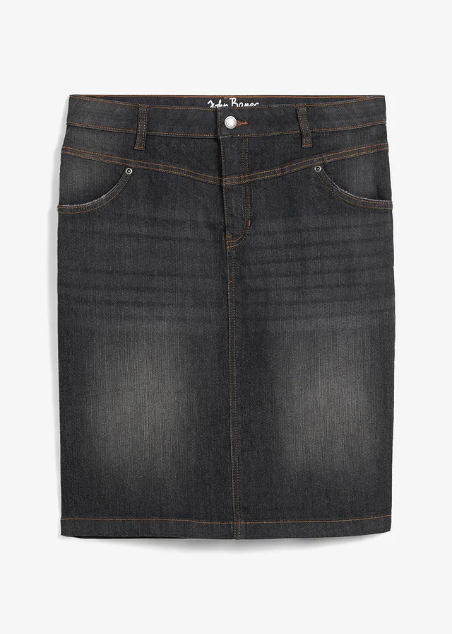 Jupe en jean extensible, Couleur: noir denim used