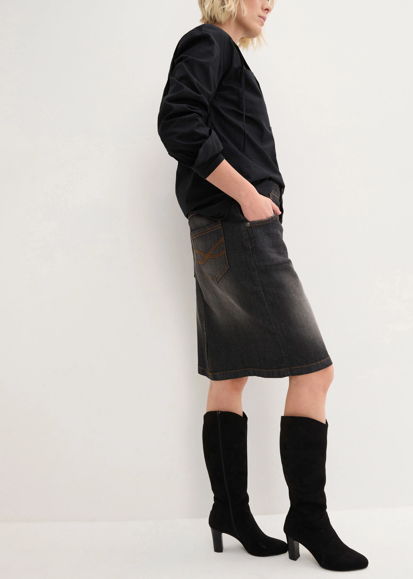 Strečová džínová sukně • černý denim used • bonprix obchod