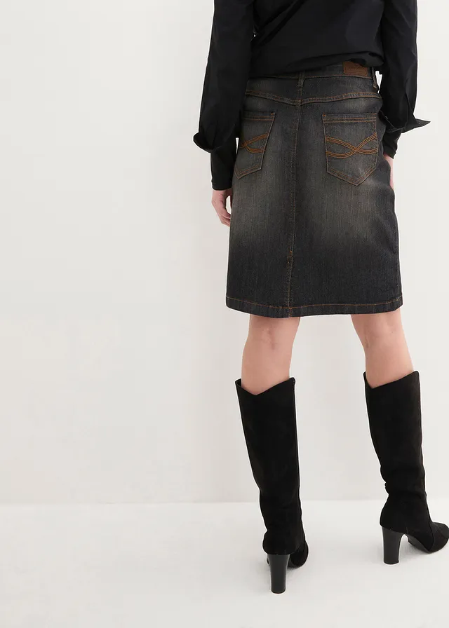 Jupe en jean extensible, Couleur: noir denim used