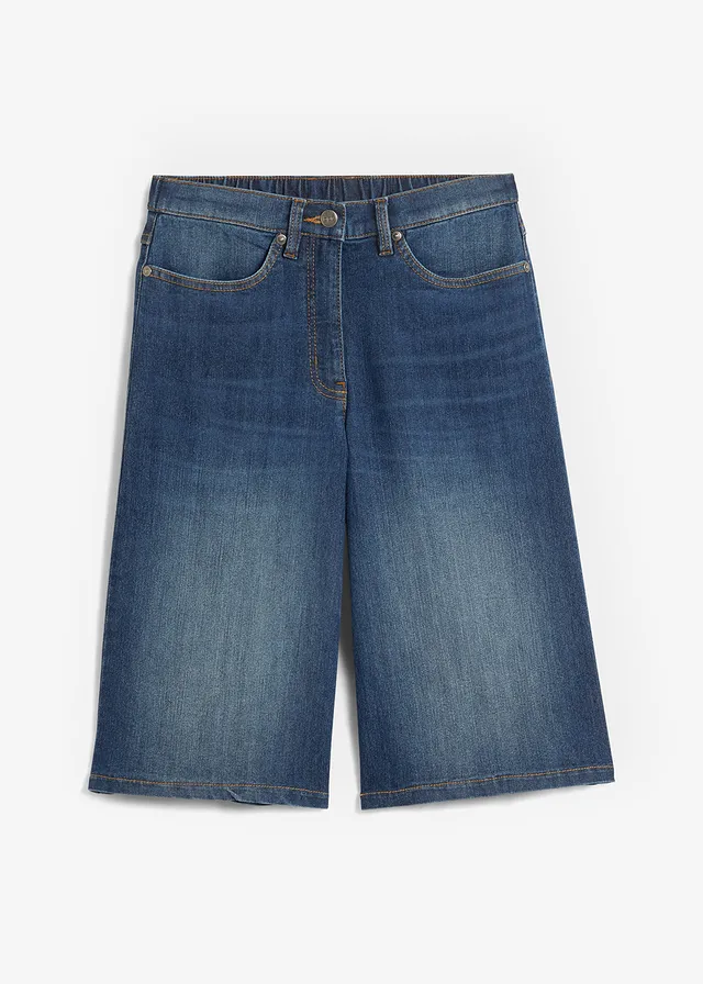 Bermuda en jean à taille haute et élastiquée, Couleur: bleu nuit denim