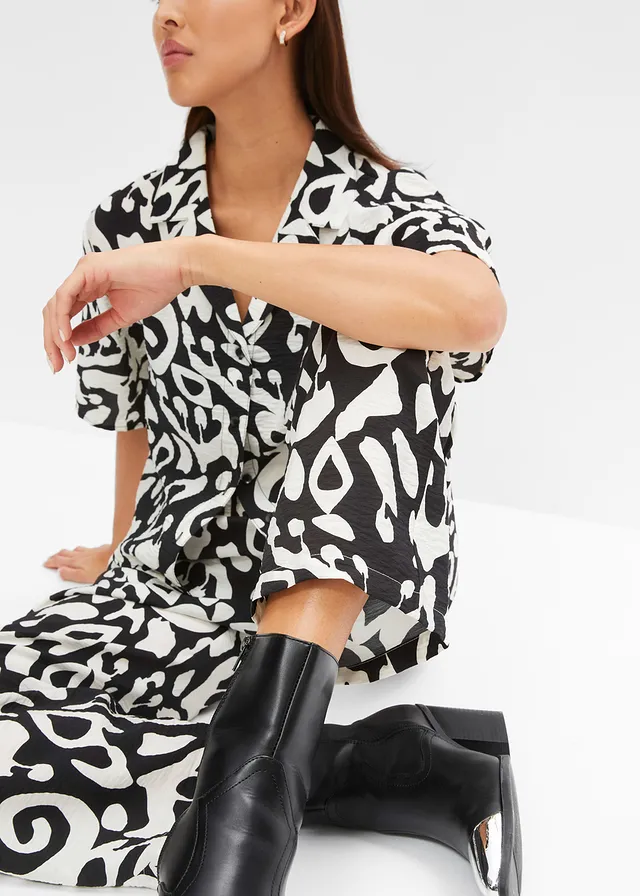 Wijde broek van viscose met structuur • zwart/wolwit • product-page.page-title-suffix