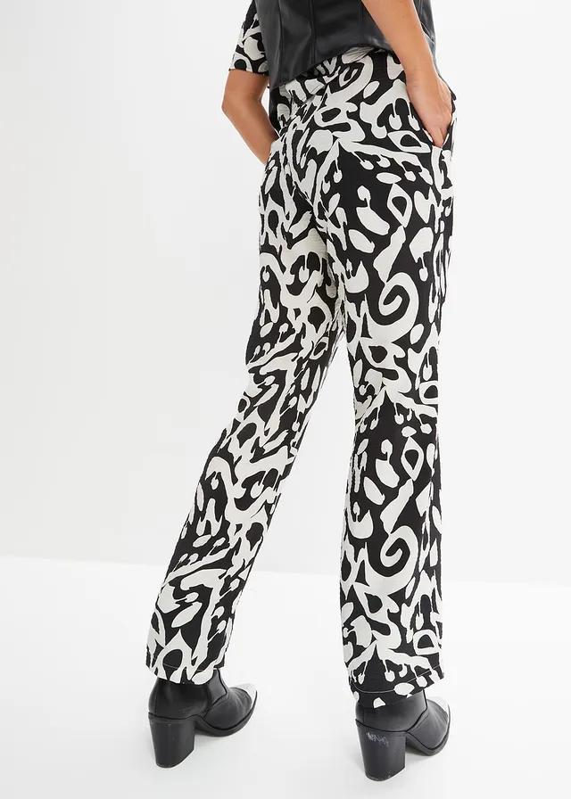 Wijde broek van viscose met structuur, Kleur: zwart/wolwit