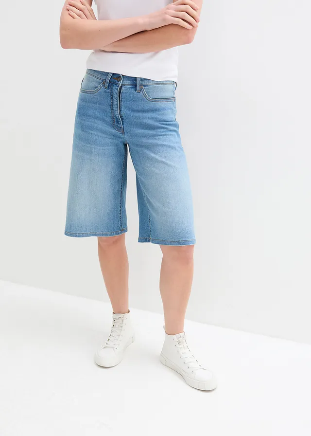 High waist stretch jeans, straight, Kleur: middelblauw denim