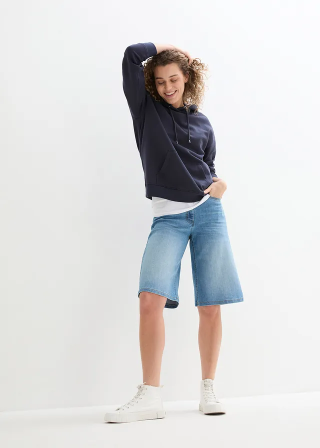 High waist stretch jeans, straight, Kleur: middelblauw denim
