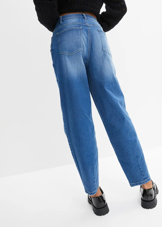 Jean barrel taille haute en coton, Couleur: bleu stone