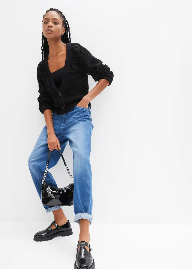 Jean barrel taille haute en coton, Couleur: bleu stone