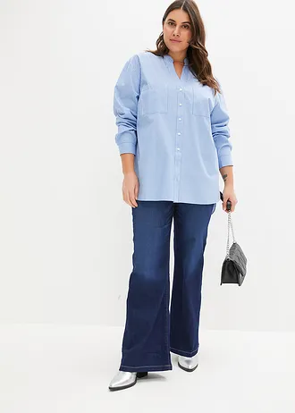 Lange blouse met oprolbare mouwen, Kleur: middenblauw-wit gestreept