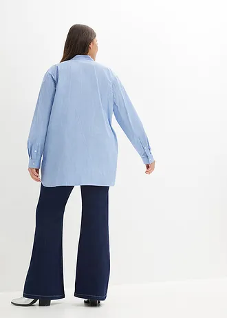 Lange blouse met oprolbare mouwen, Kleur: middenblauw-wit gestreept