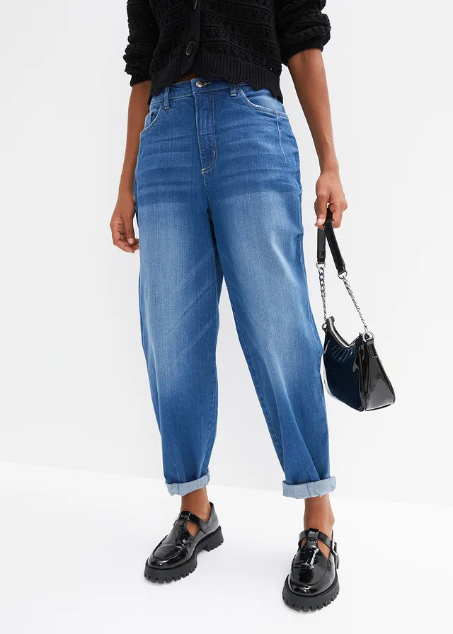 Jean barrel taille haute en coton, Couleur: bleu stone