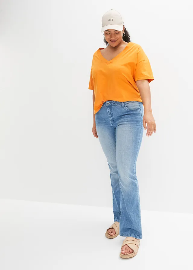 Jean bootcut taille mi-haute, extensible, Couleur: bleu clair denim