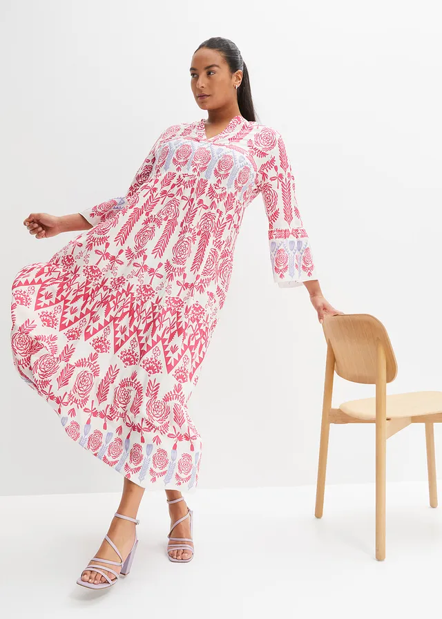 Robe longue en viscose fluide, Couleur: blanc/rose vif/bleu lilas imprimé