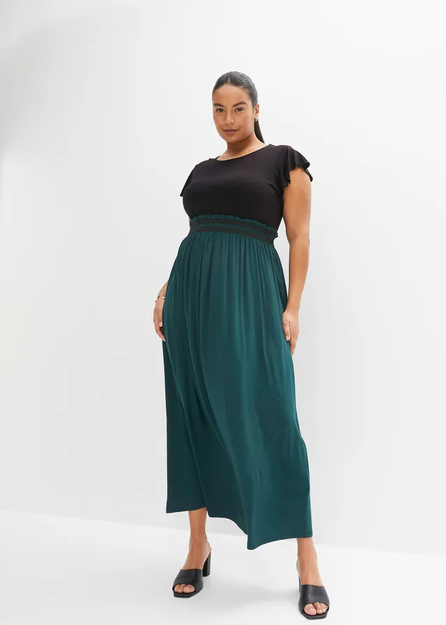 Robe en jersey viscose, Couleur: noir/vert profond