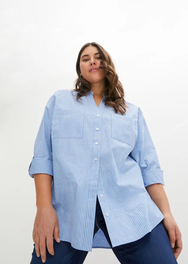 Lange blouse met oprolbare mouwen, Kleur: middenblauw-wit gestreept