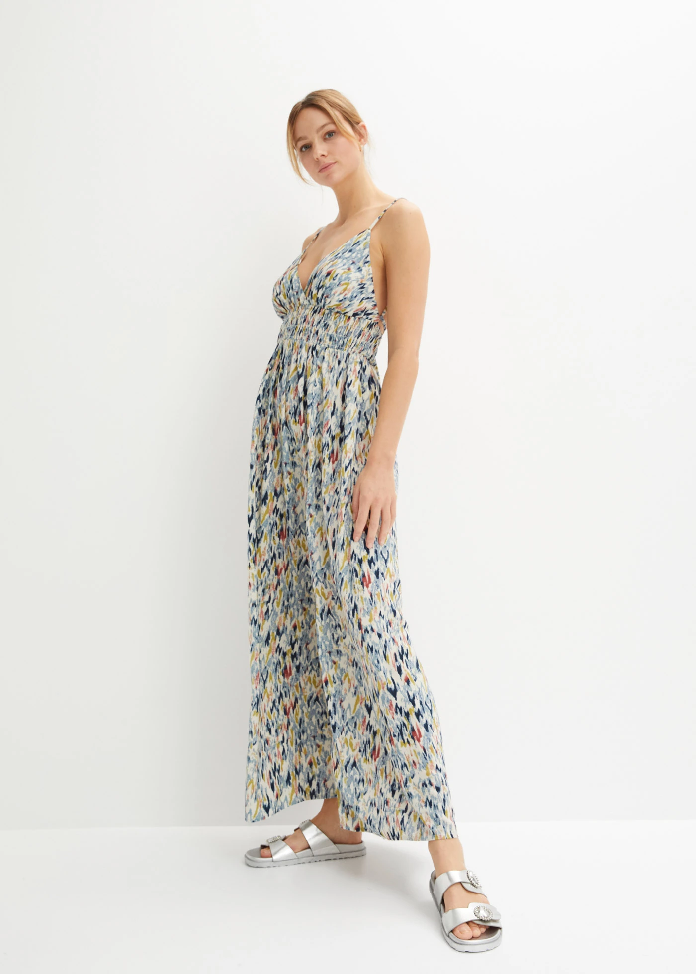 Dlouhé šaty • přírodní bílo-modro-světle žlutá s potiskem • bonprix obchod