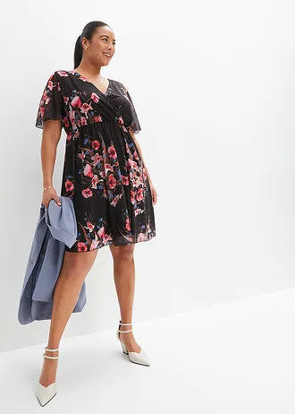 Robe courte en mesh, Couleur: noir à fleurs
