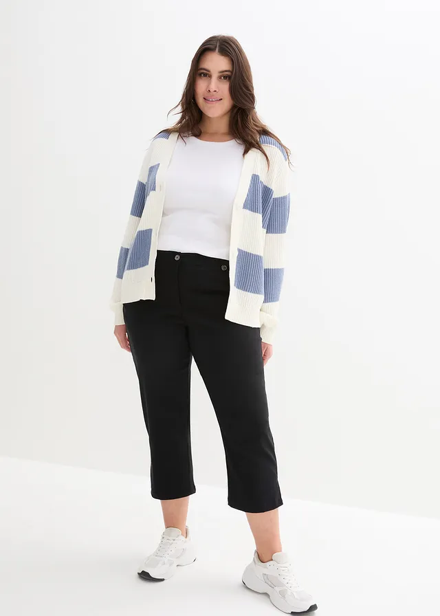 Pantalon 7/8 en bengaline avec taille élastiquée, Couleur: noir